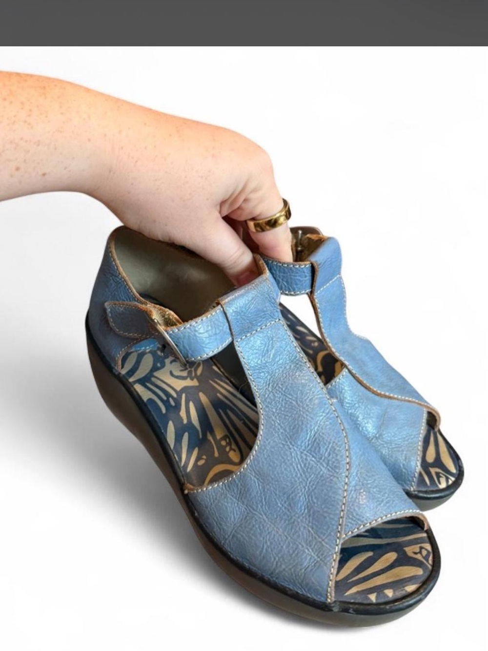 Fly London Light Blue Leather Wedge Sandals - Picture 7 of 7